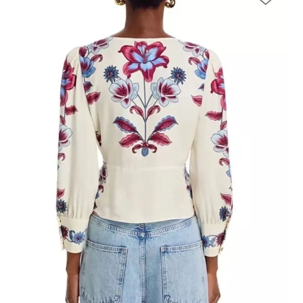 New Farm Rio Floral V-Neck Button Front Puff Sleeve Malu Blouse Top Size Small - Picture 4 of 8